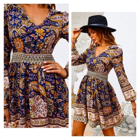 NWT! PAISLEY & FLORAL PRINT BOHO LANTERN SLEEVE A-LINE DRESS/TUNIC-SIZE LARGE! - Picture 3 of 6
